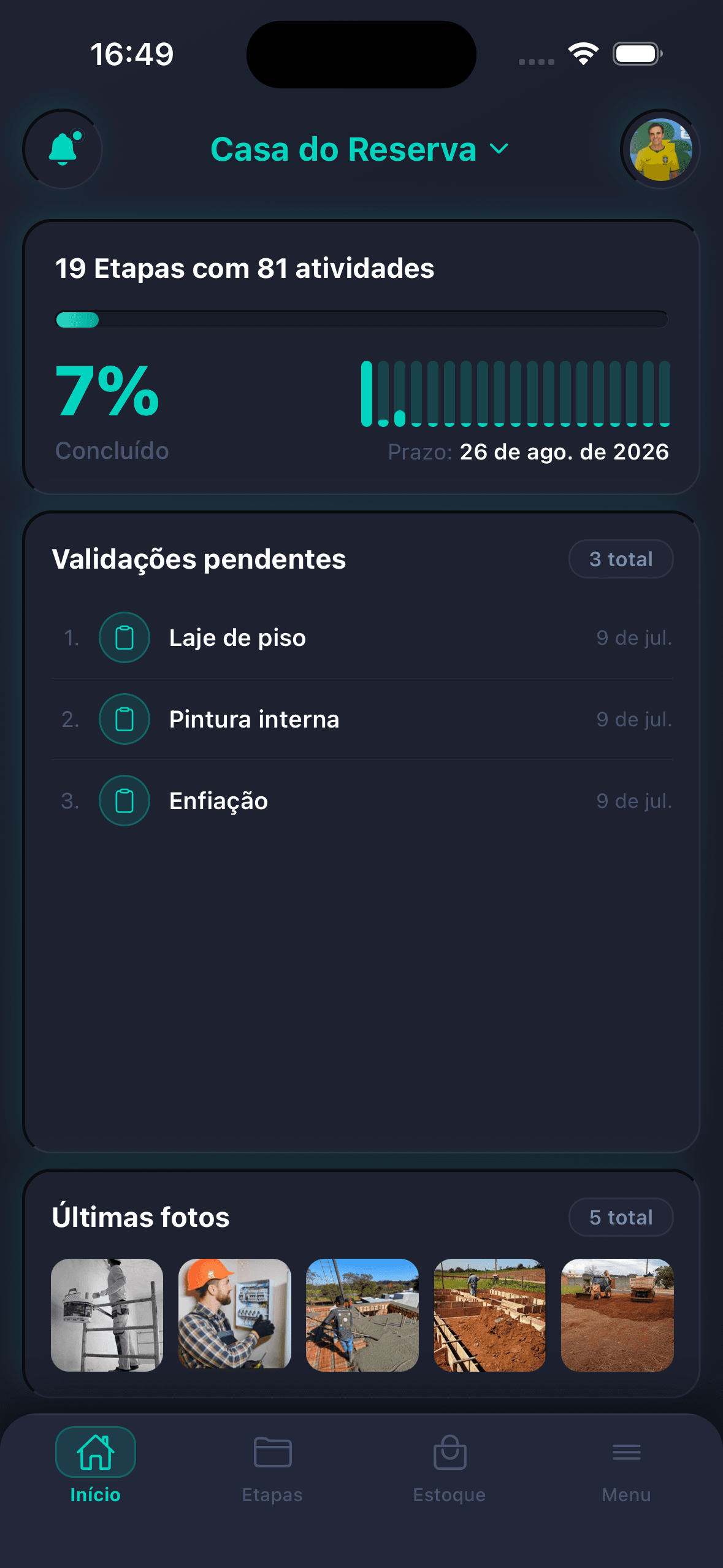 Tela inicial do app ObraCivil